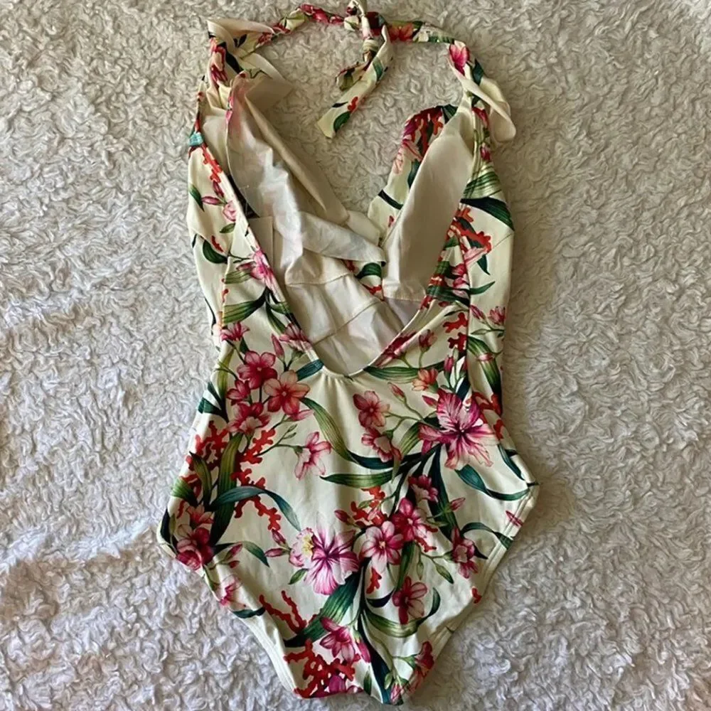 Carmen Marc valvo ruffle floral plunge Swimsuit Swimwear sz 14